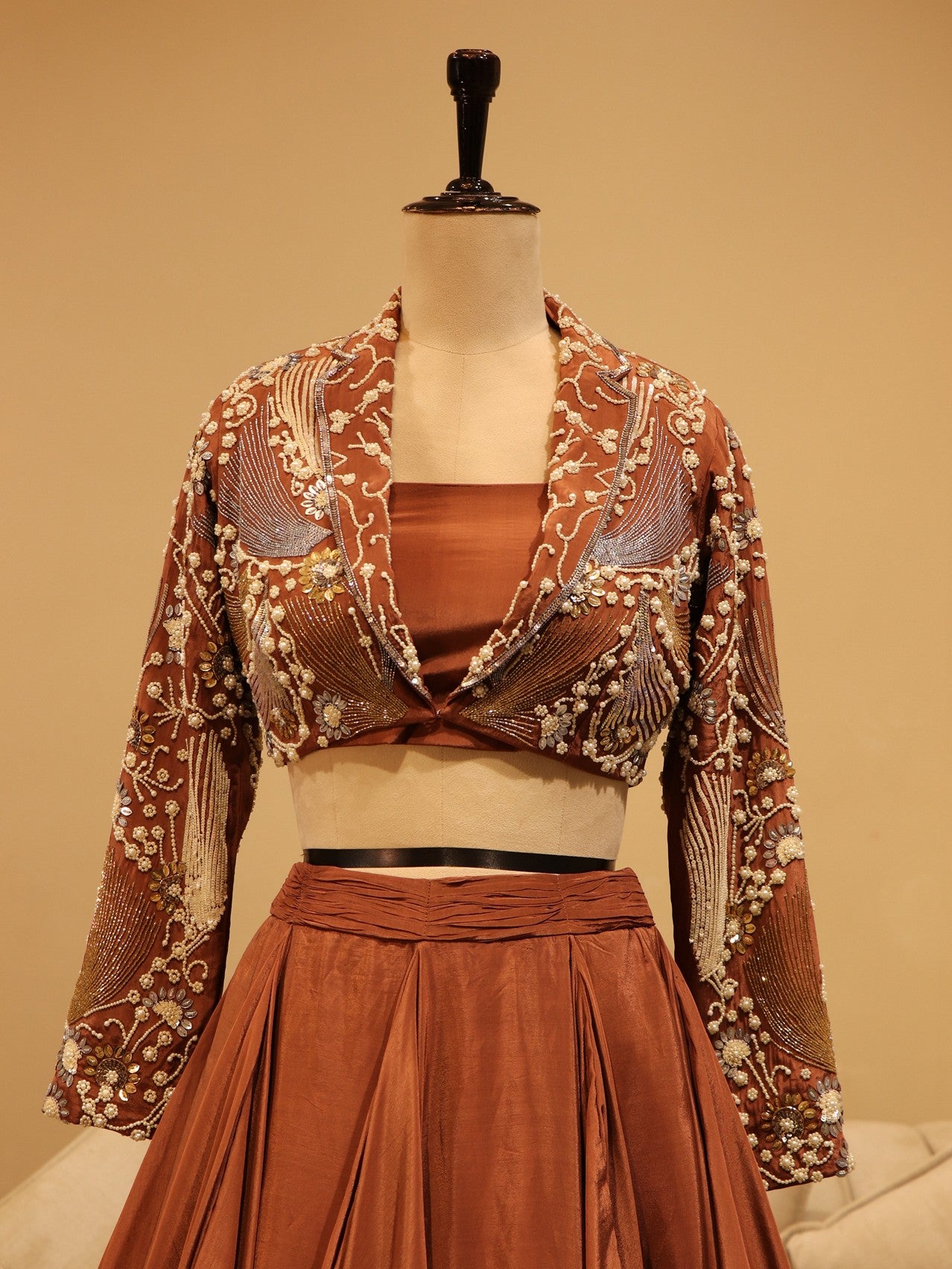 Cherry wood brown crop top skirt with shrug