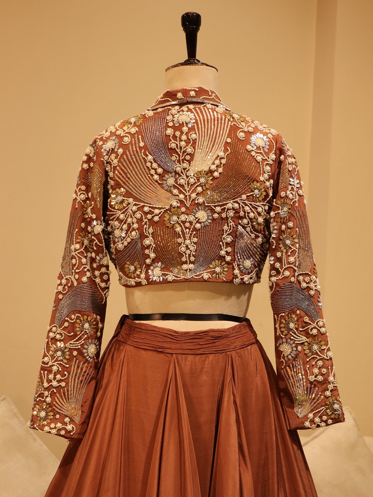 Cherry wood brown crop top skirt with shrug