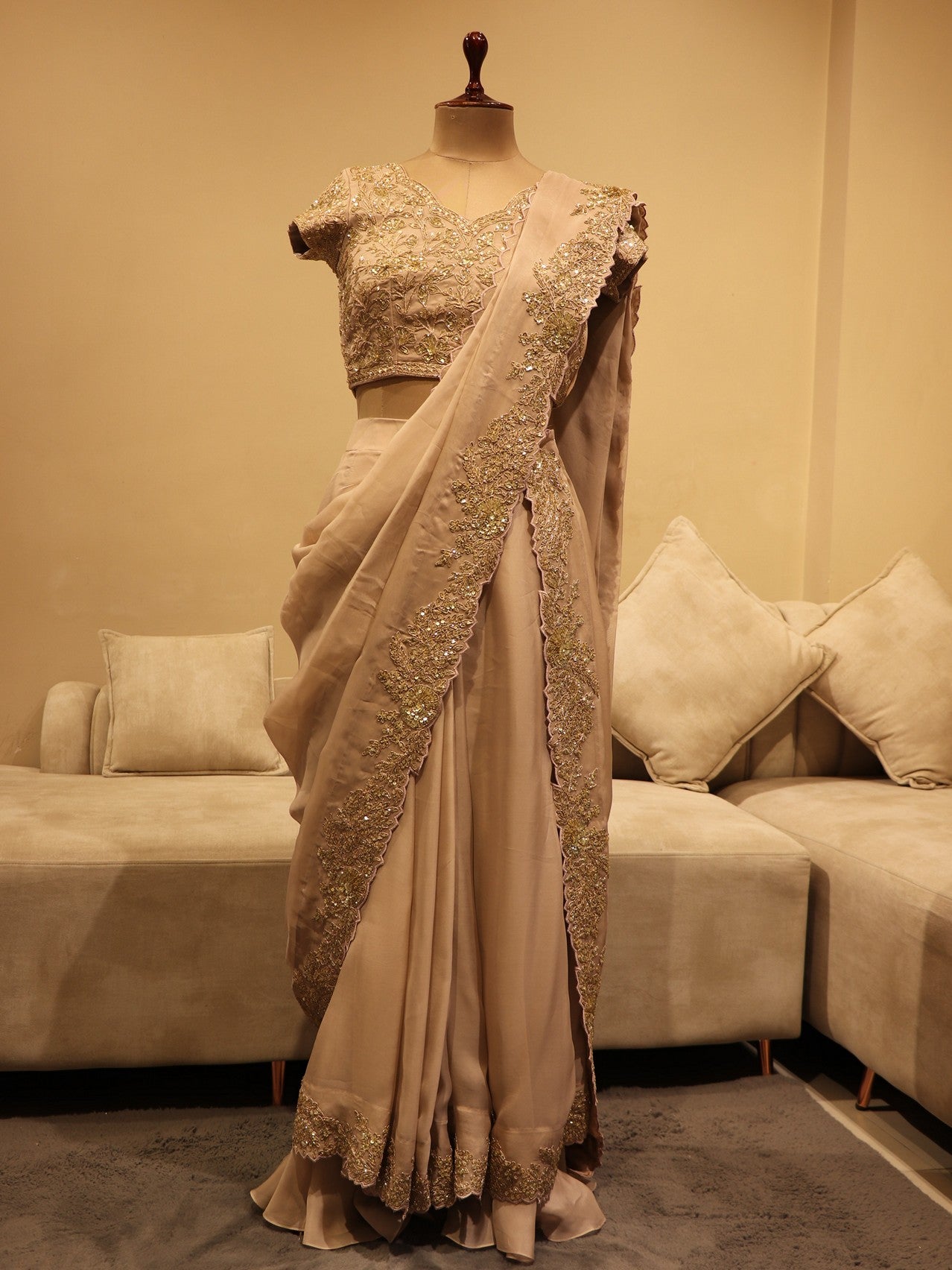 Beige pre-drape saree