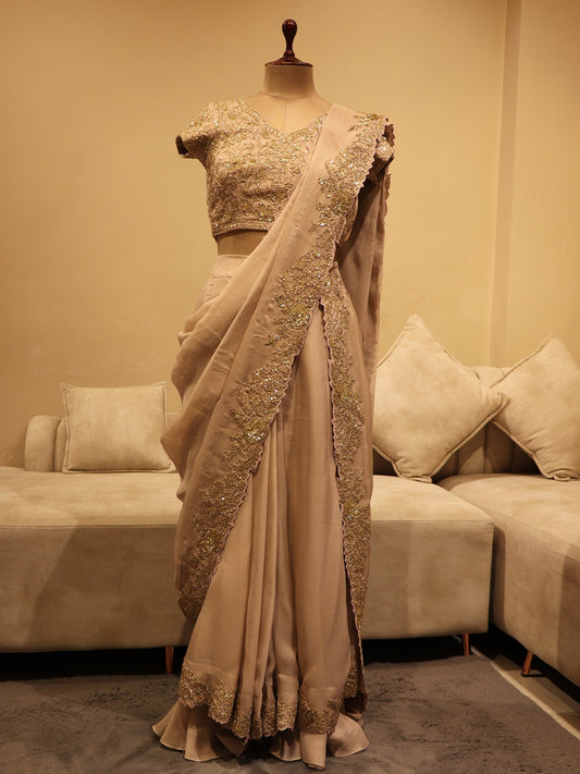 Beige pre-drape saree