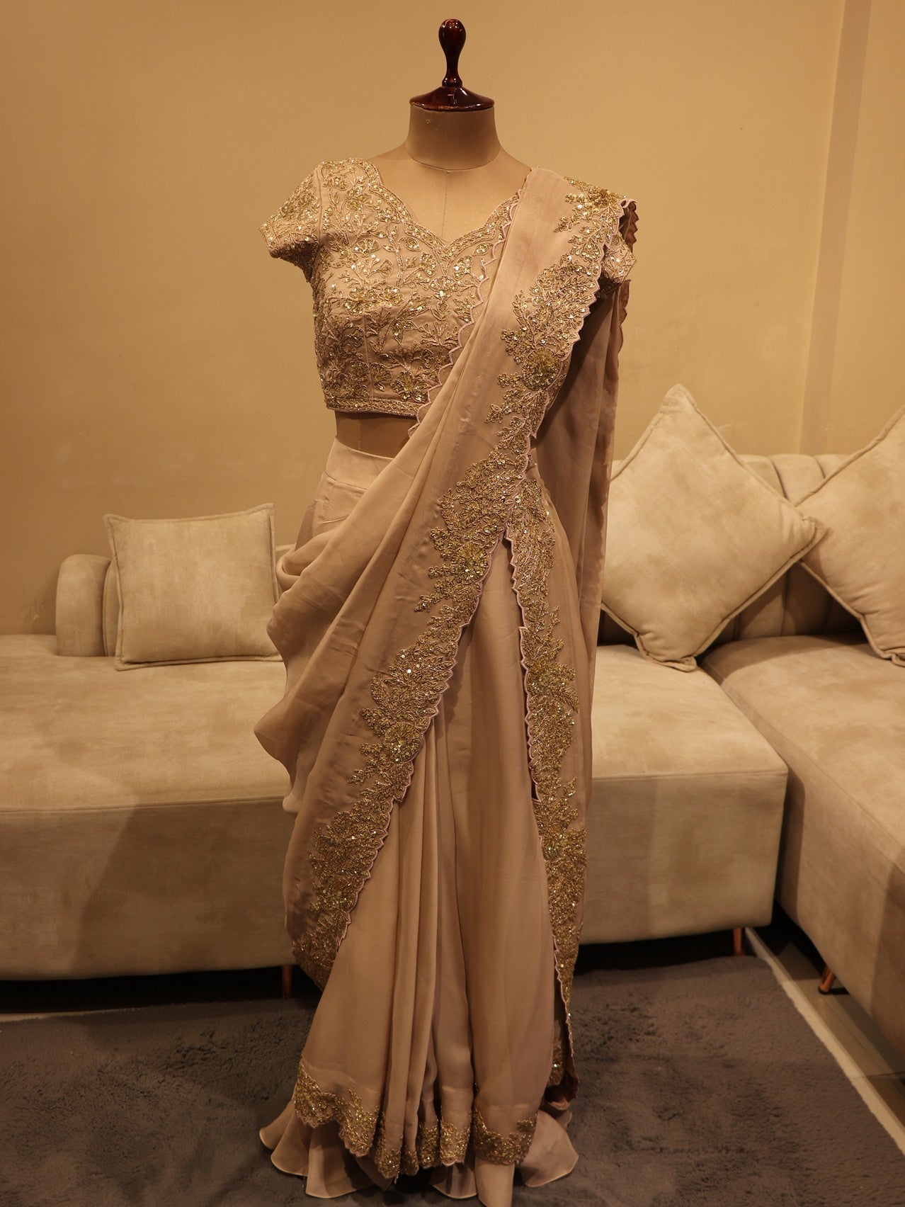 Beige pre-drape saree