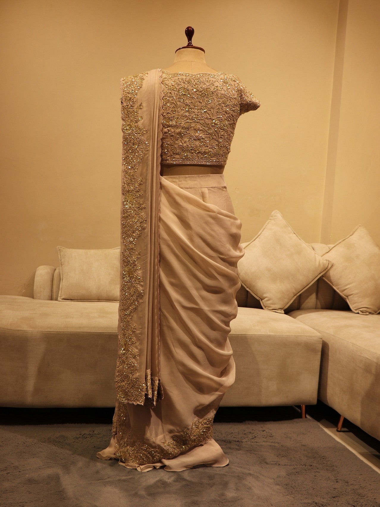 Beige pre-drape saree