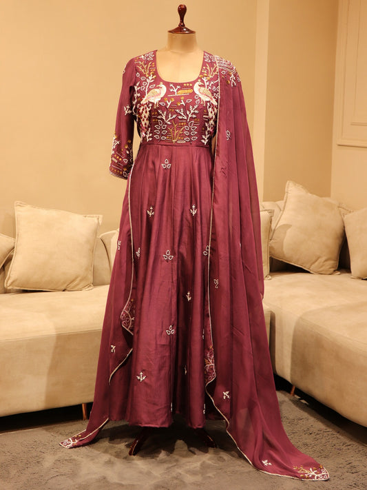 Wine anarkali with dupatta and plazo