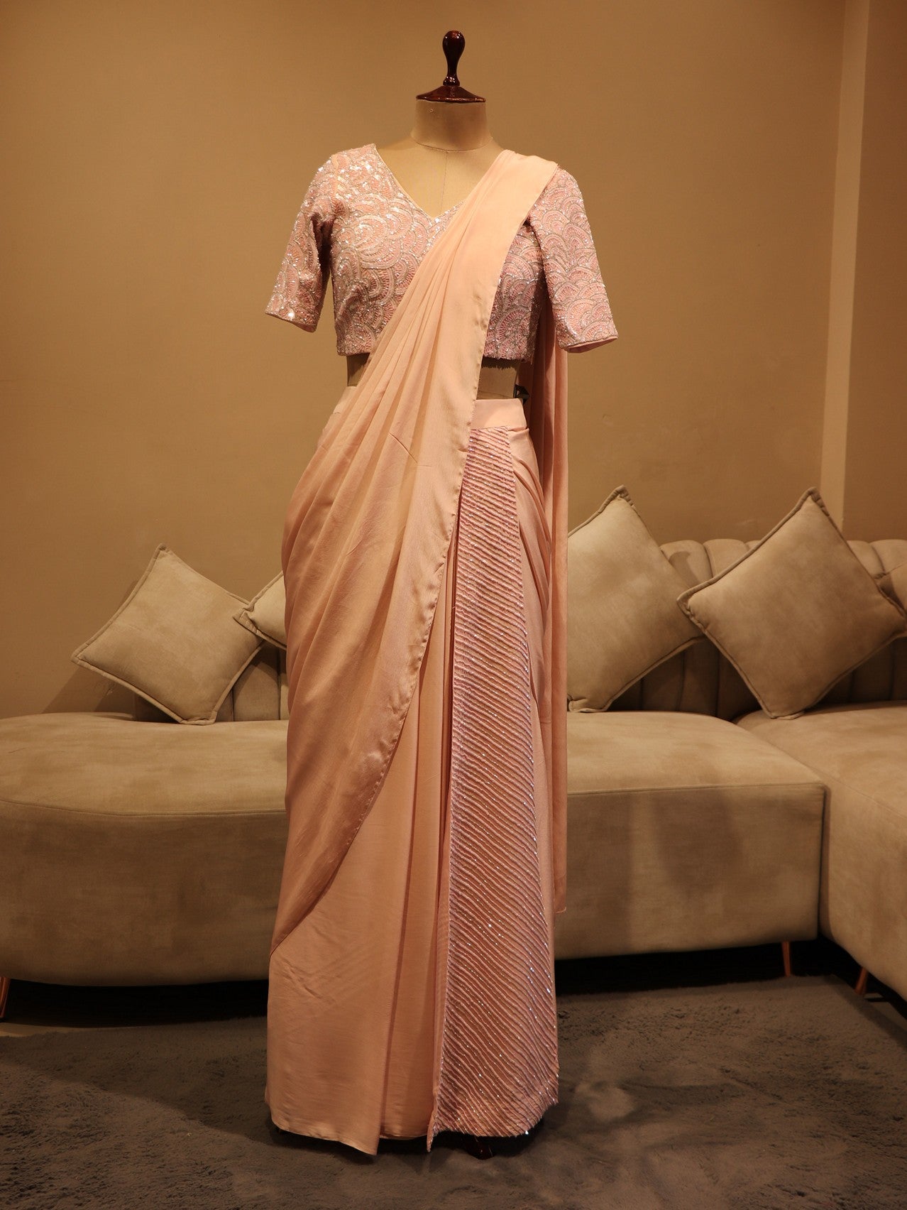 Peachish pink pre drape saree