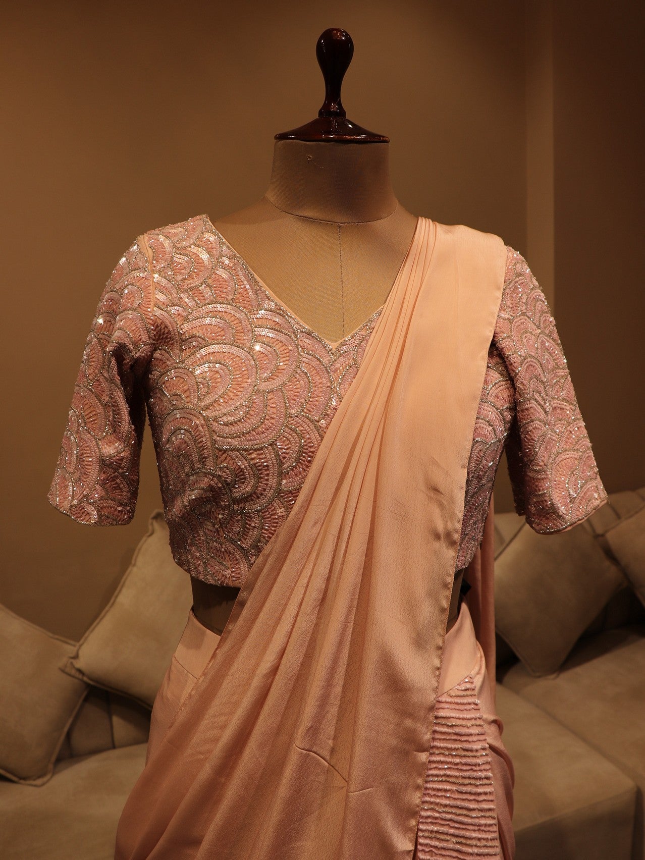 Peachish pink pre drape saree