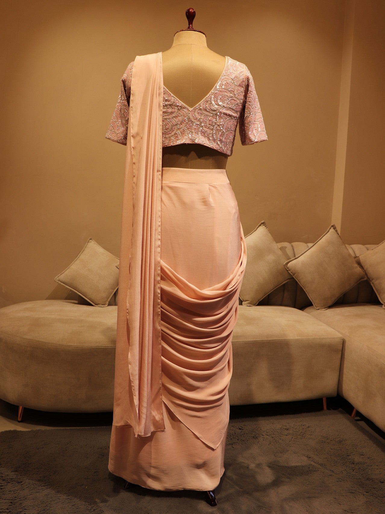 Peachish pink pre drape saree