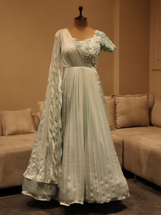 Powder blue 3D gown with long sleeves