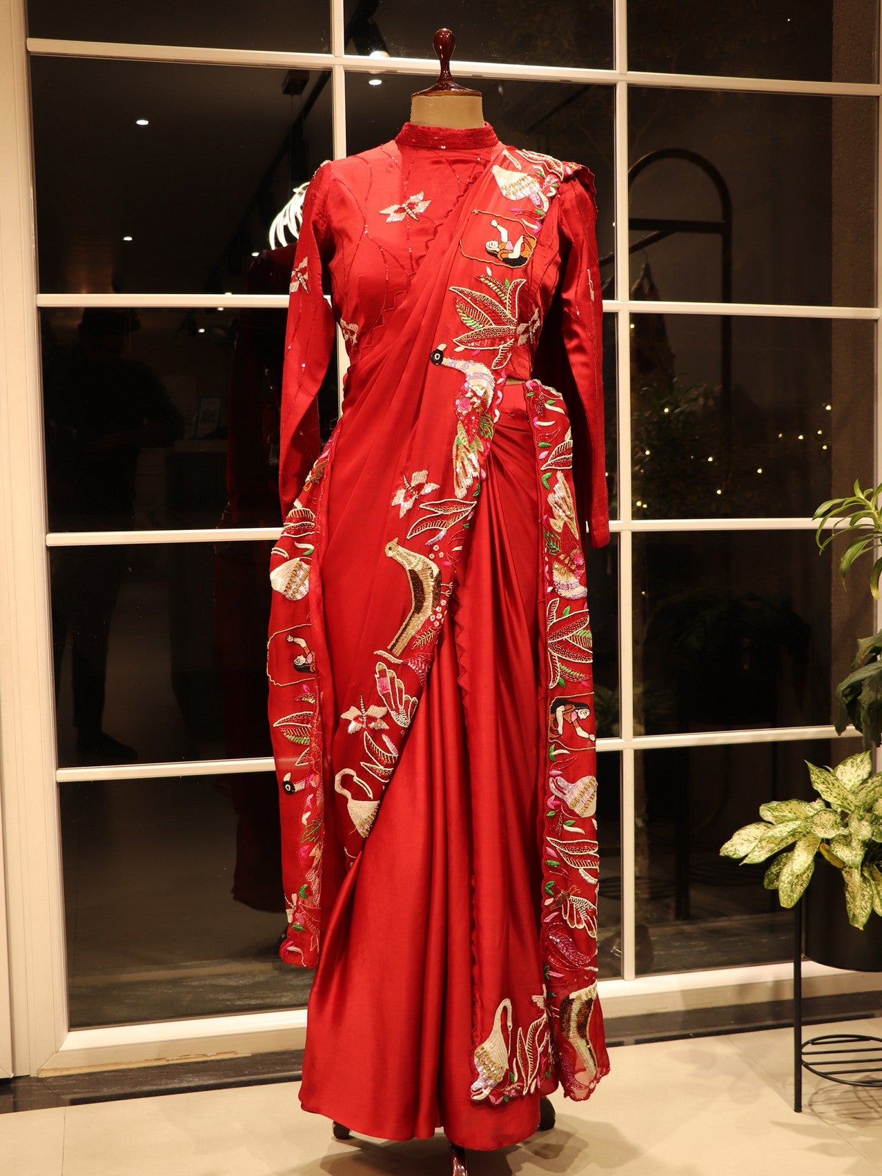 Hot red pre drape saree with dupatta