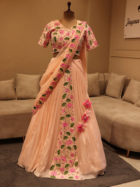 Pastel peach pichwai hand painted lehenga set