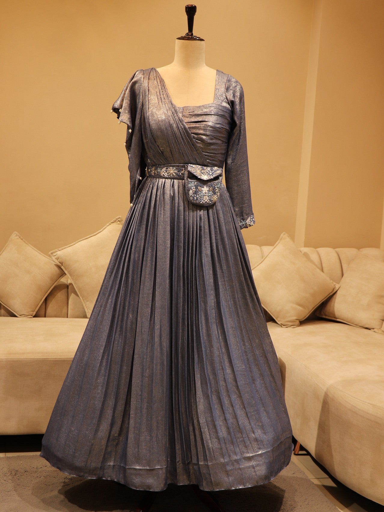 blue shimmer gown with belt