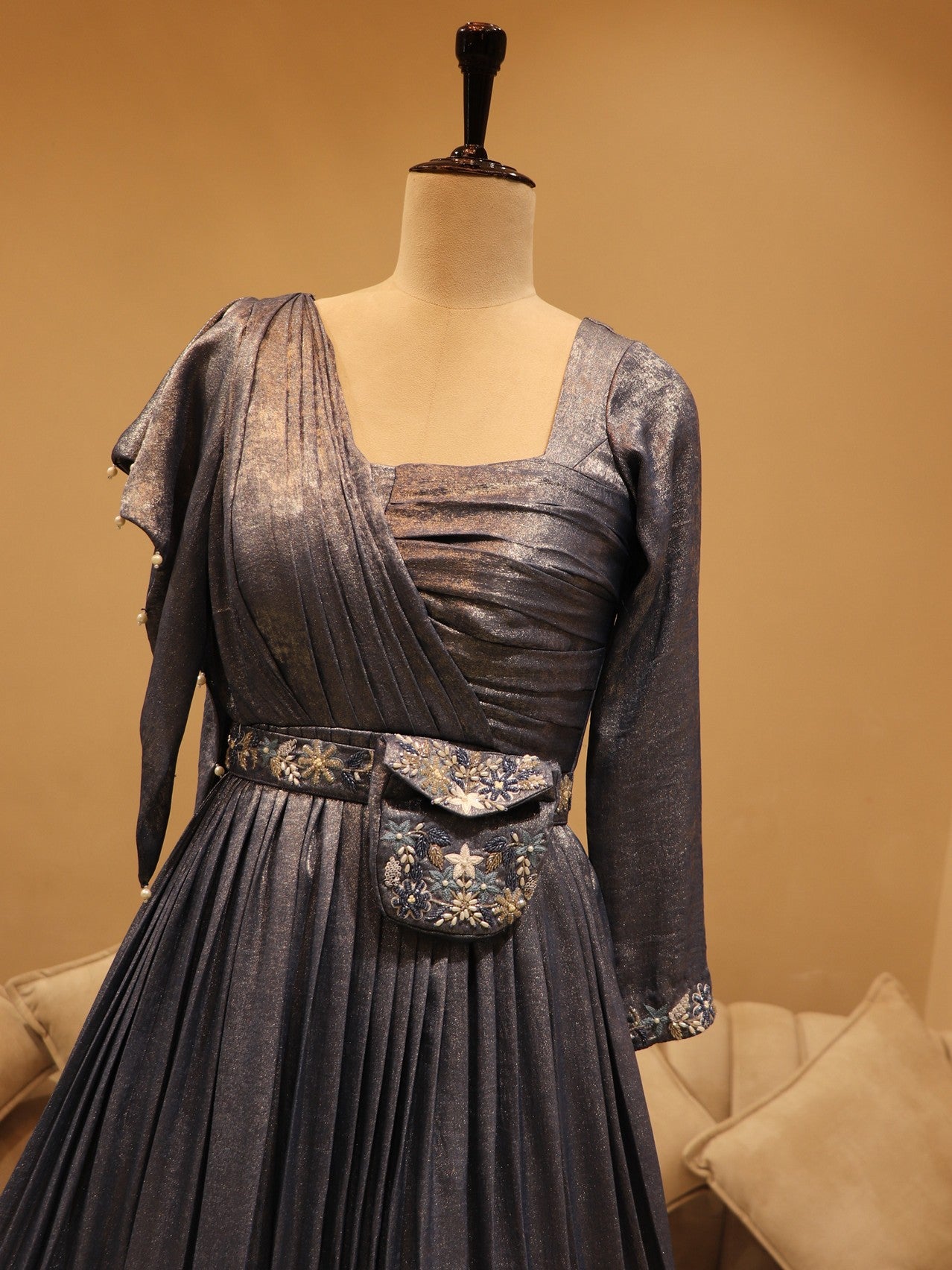 blue shimmer gown with belt