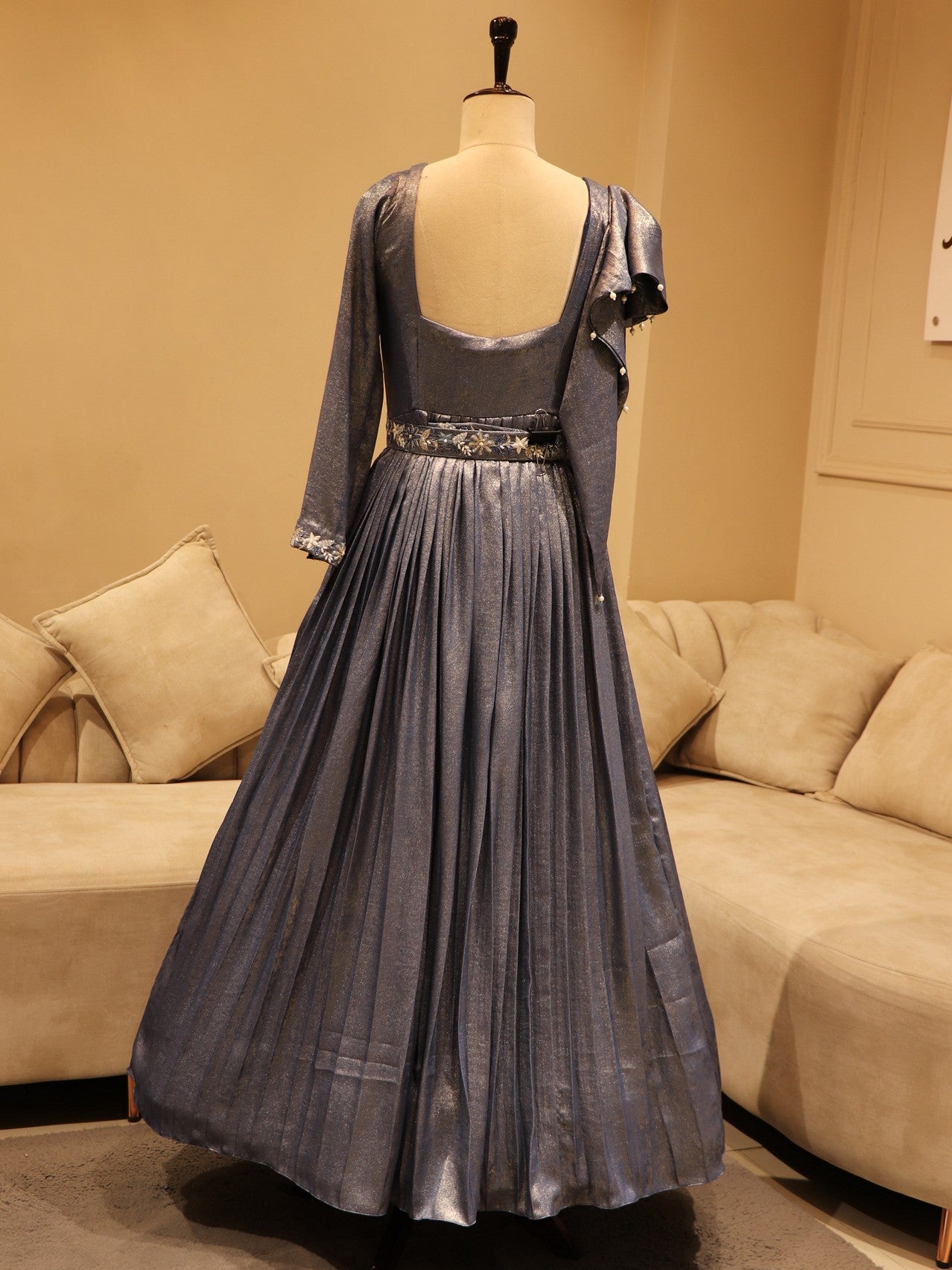 blue shimmer gown with belt