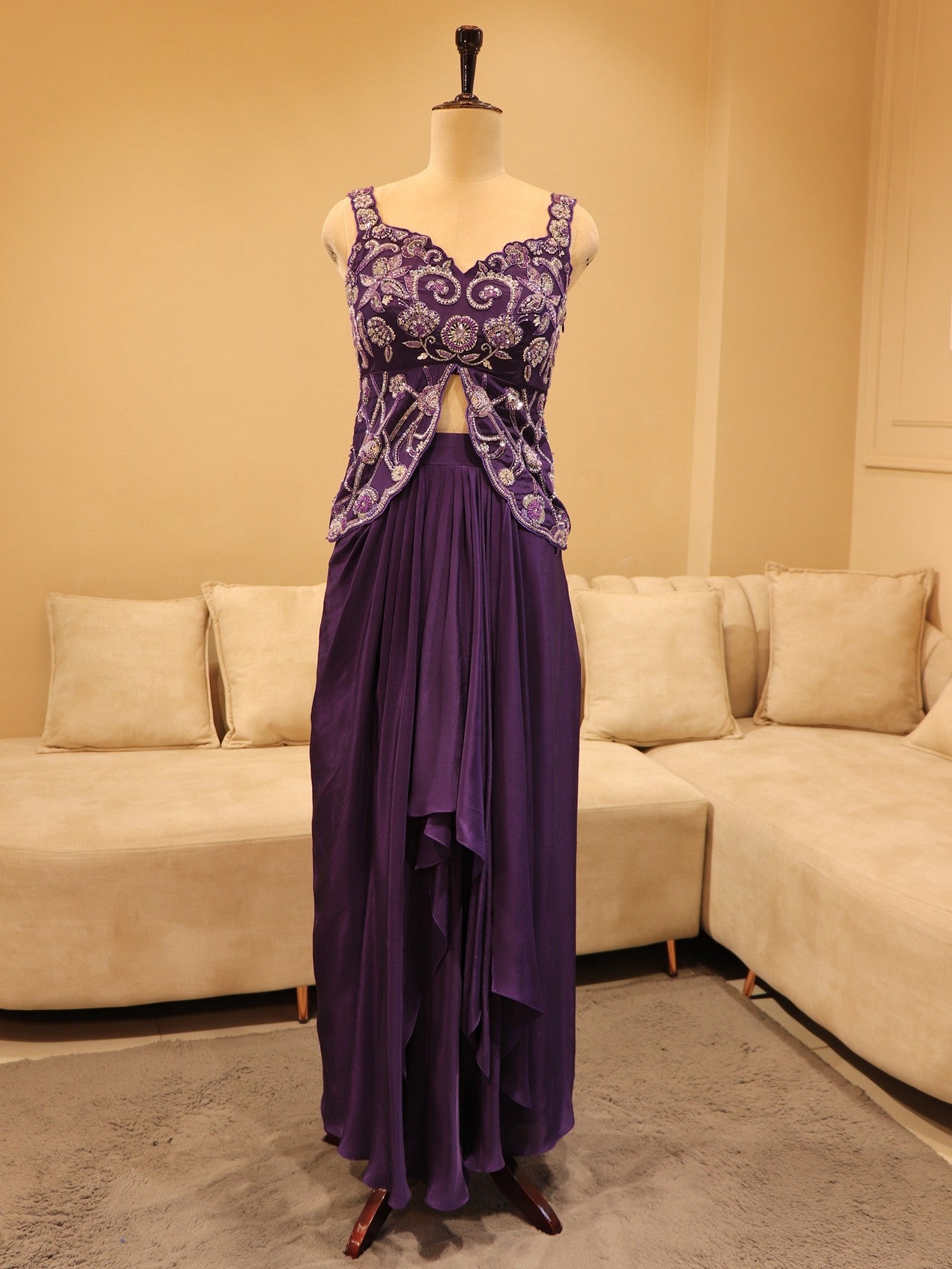 Dark purple crop top with drape skirt
