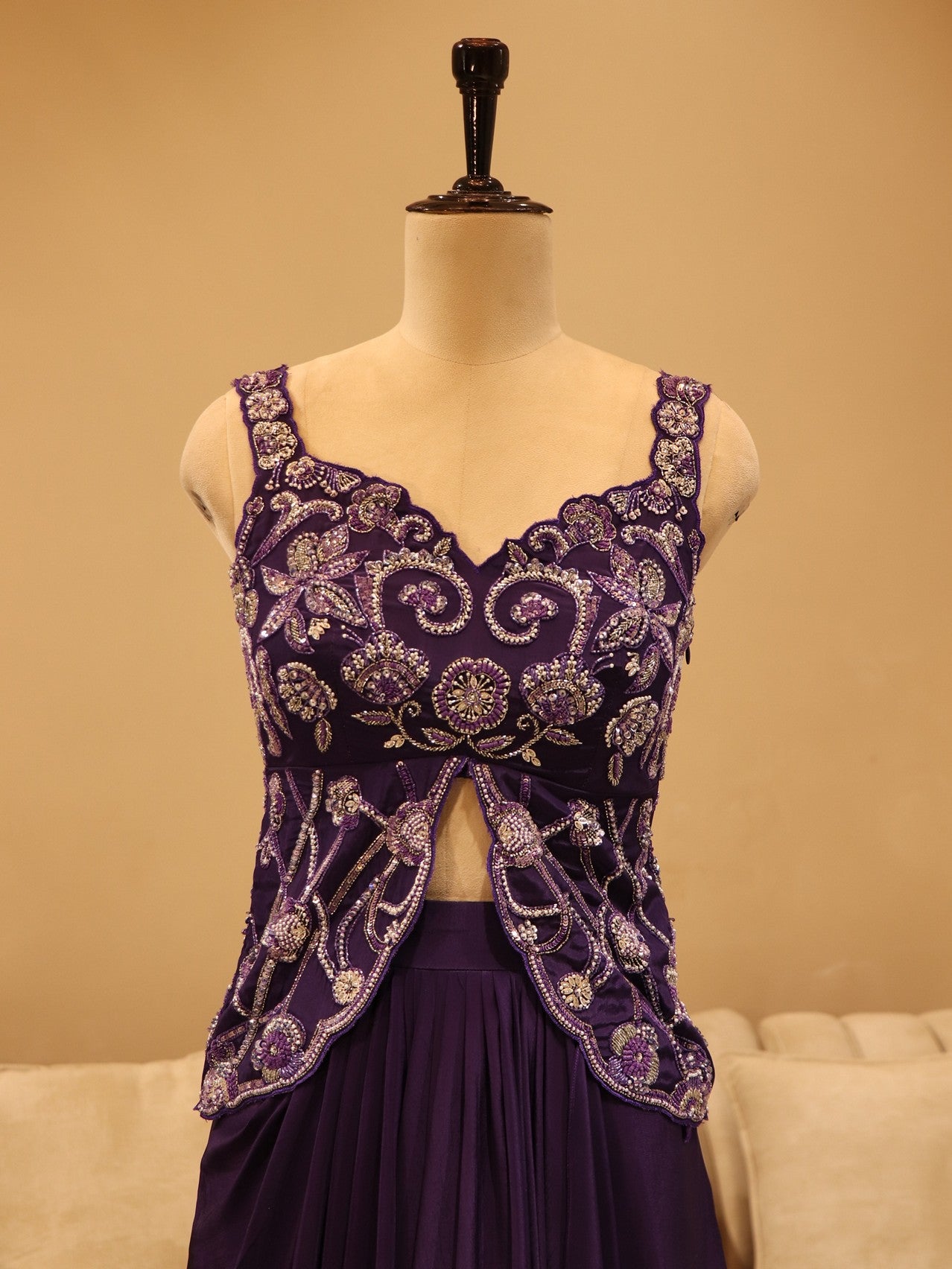 Dark purple crop top with drape skirt