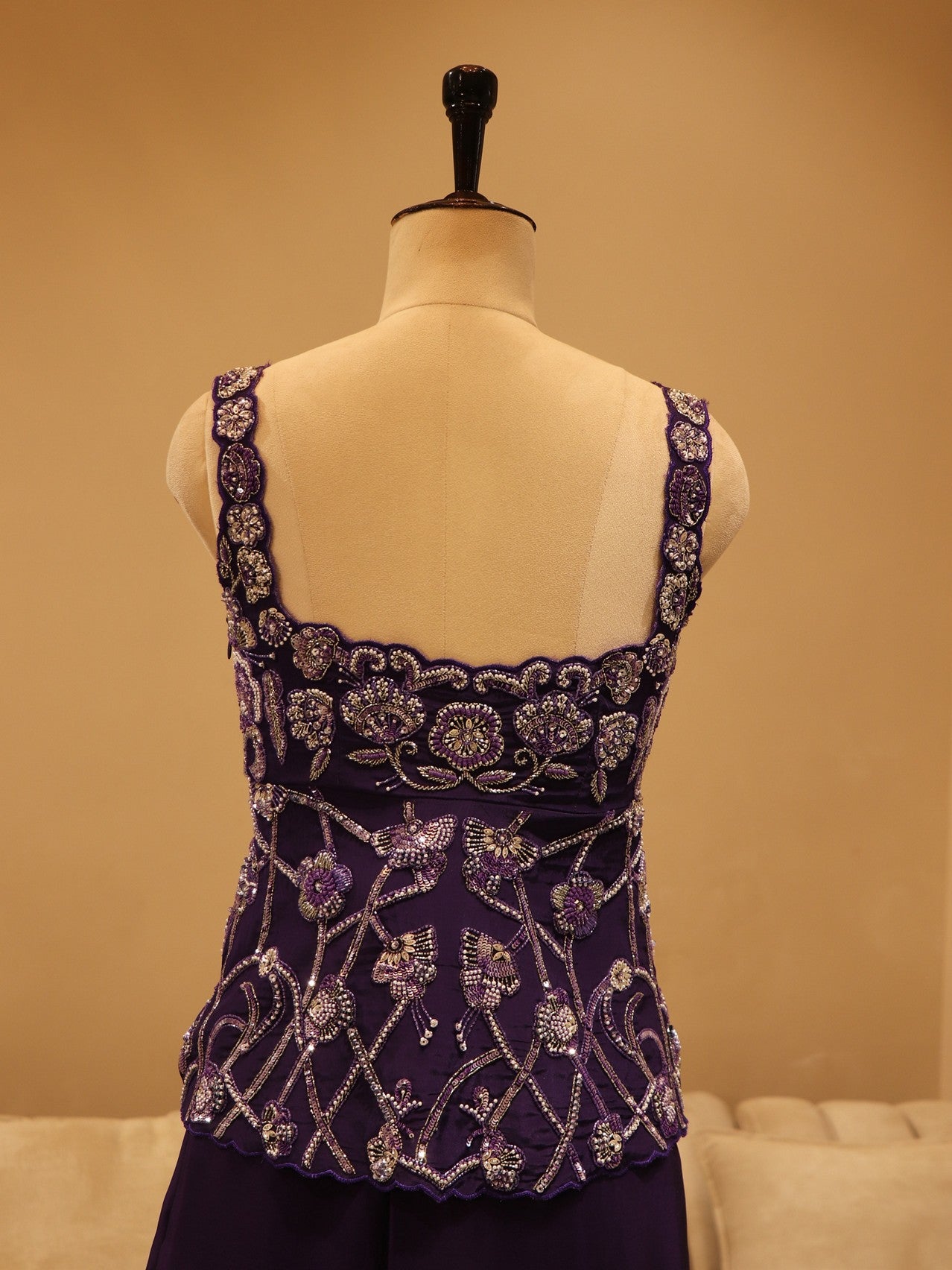 Dark purple crop top with drape skirt