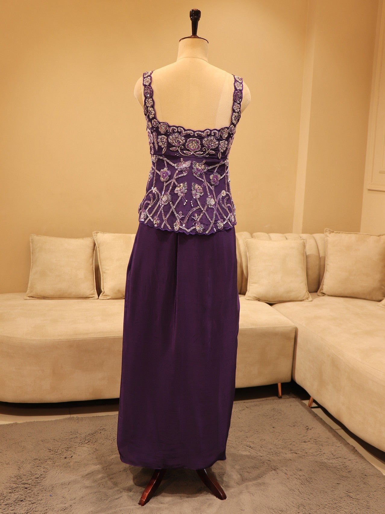 Dark purple crop top with drape skirt