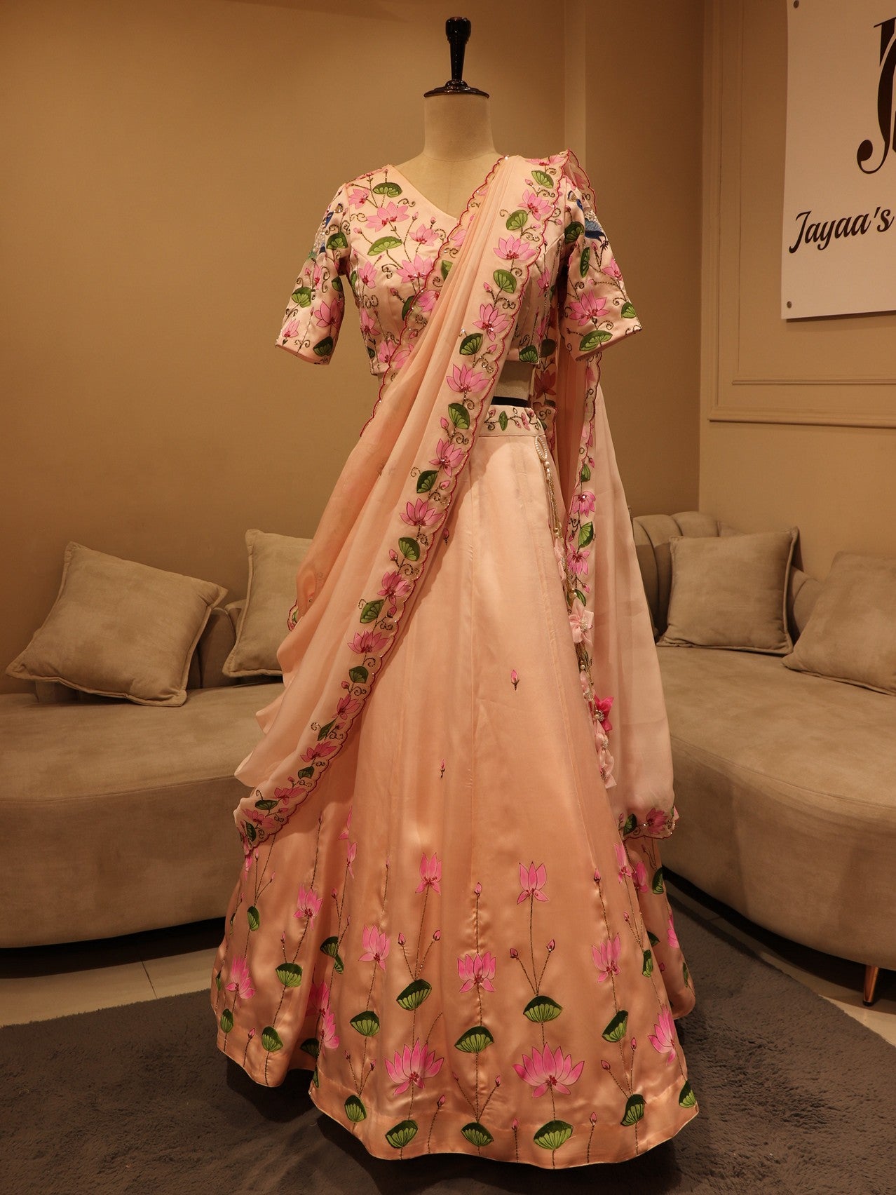 Pastel peach peacock hand painted lehenga set