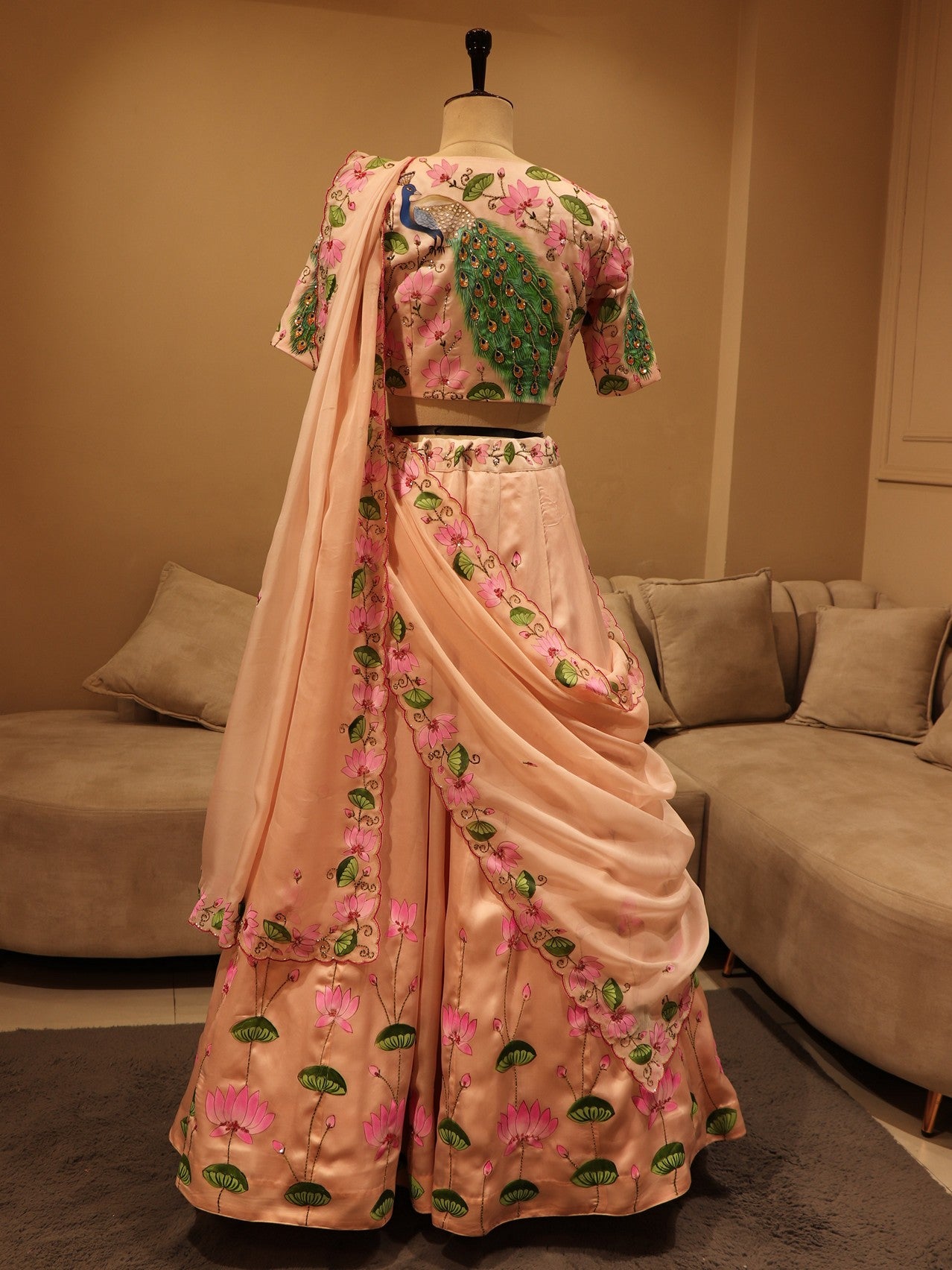 Pastel peach peacock hand painted lehenga set