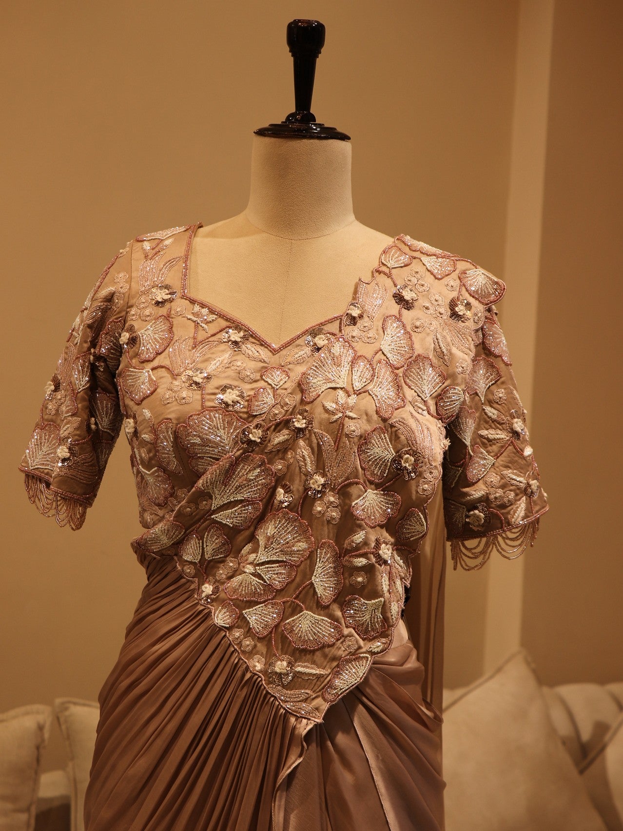 Rose gold beige drape saree