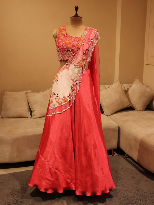 water melon pink shaded lehenga set with drape dupatta