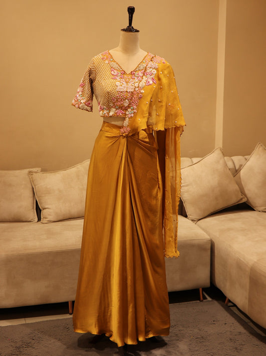 Mustard yellow drape saree