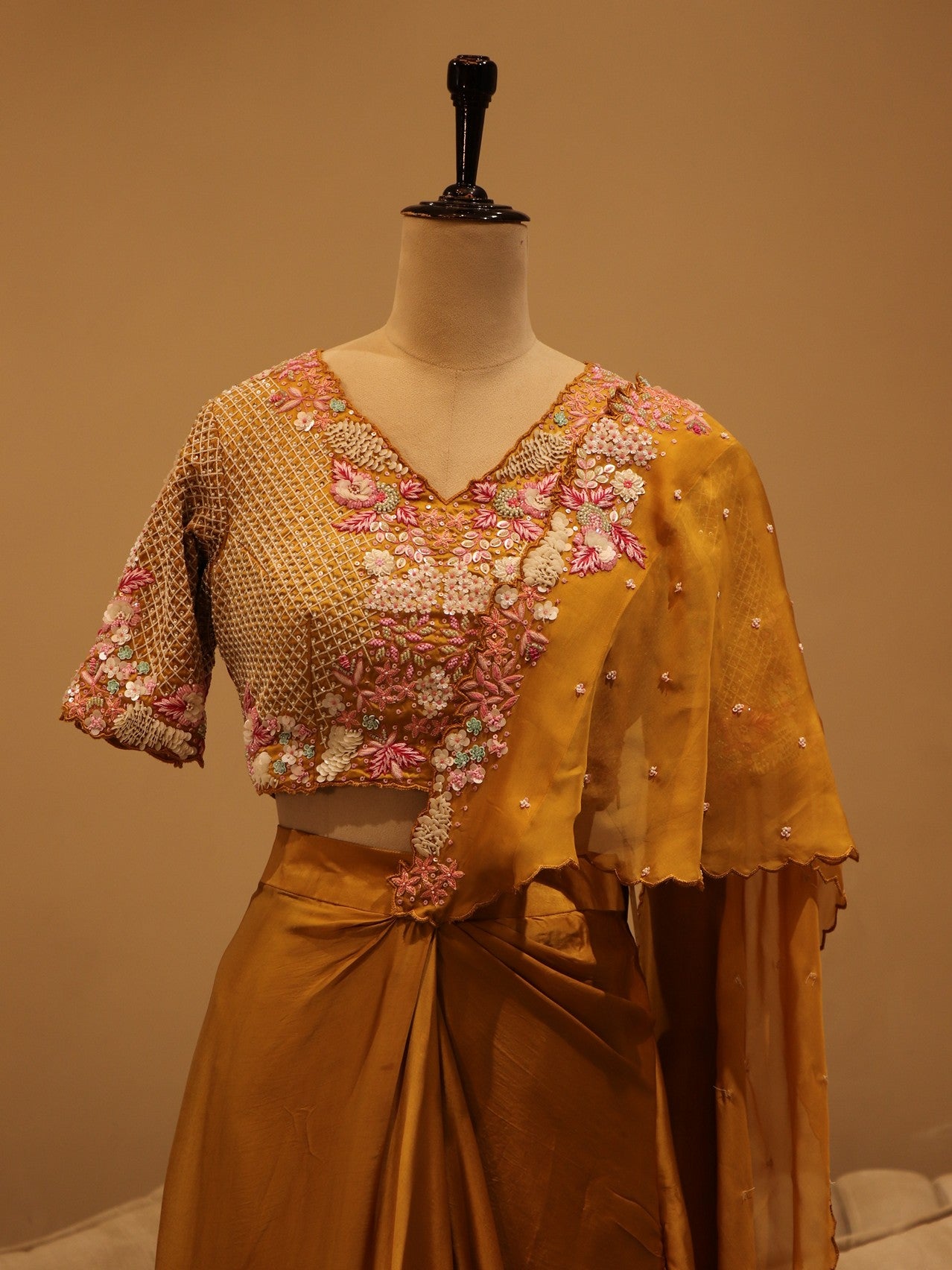 Mustard yellow drape saree