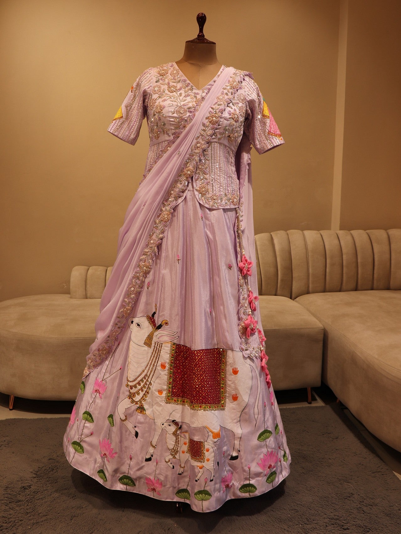 Lilac radha kishan ji hand painted lehenga  set