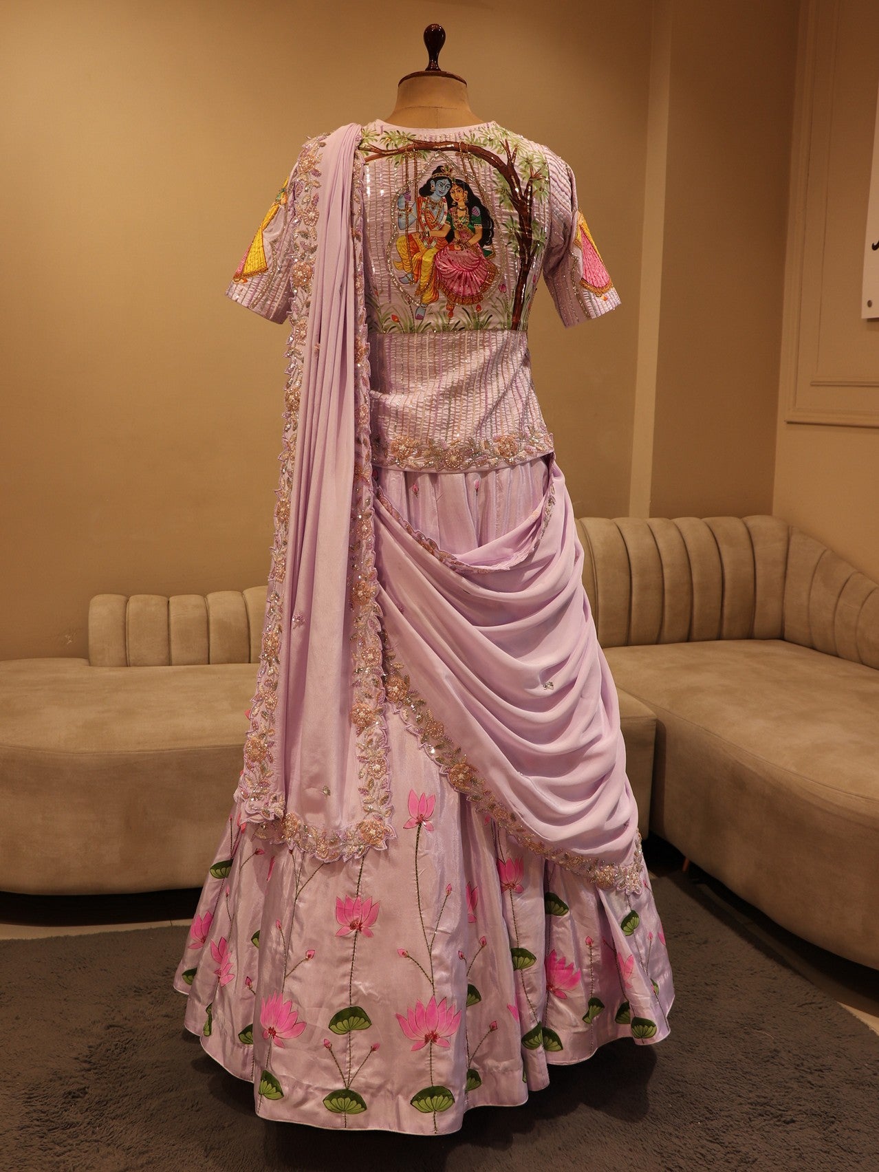 Lilac radha kishan ji hand painted lehenga  set