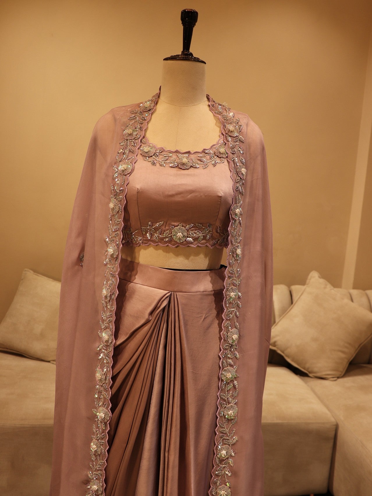 mauve crop top drape skirt with cape