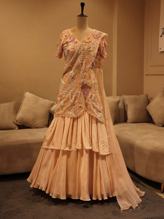 Peach embroidered swan drape lehenga set