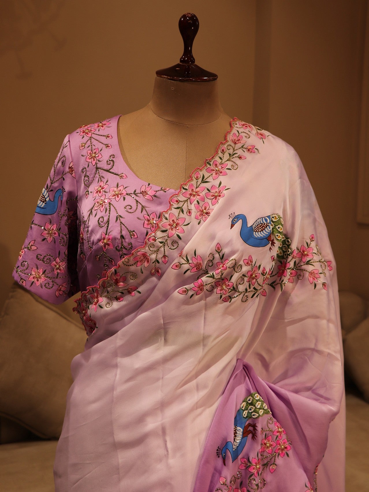 Lavander shaded rada krishnaji hand painted saree