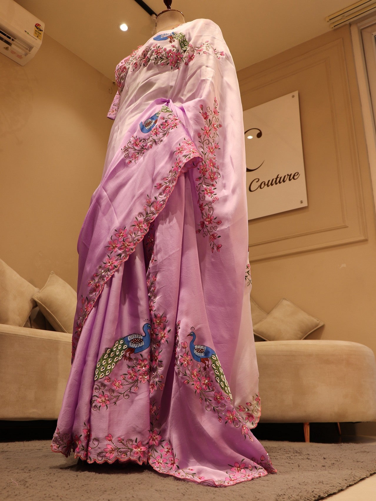 Lavander shaded rada krishnaji hand painted saree