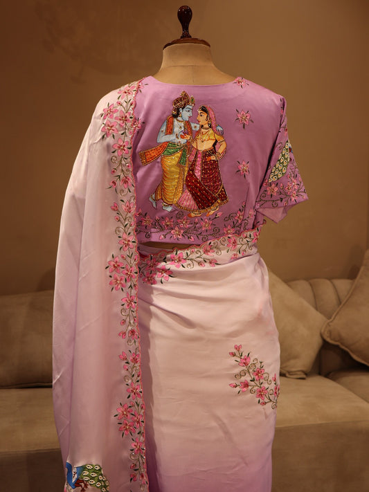 Lavander shaded rada krishnaji hand painted saree