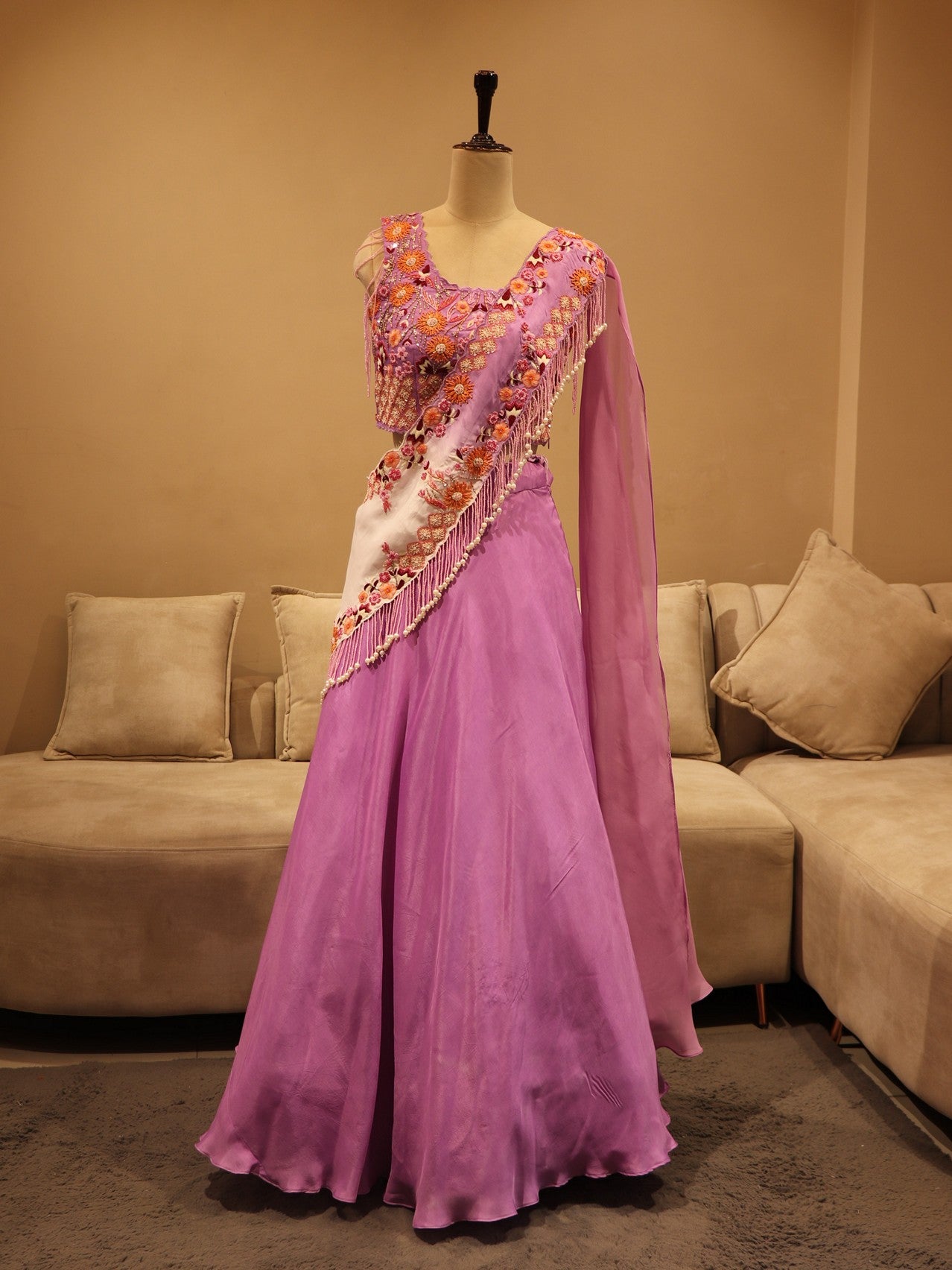 Lavander shaded embroidered drape lehenga set
