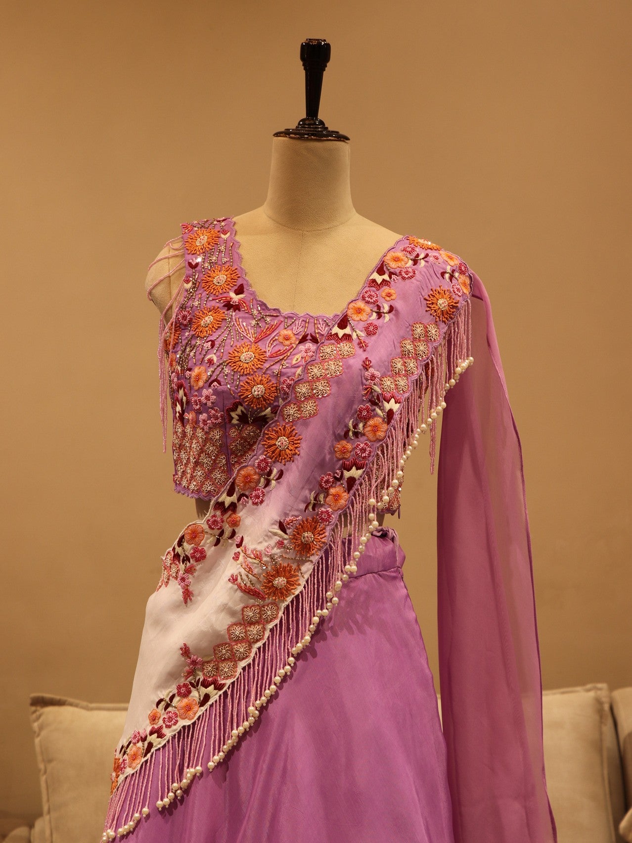 Lavander shaded embroidered drape lehenga set