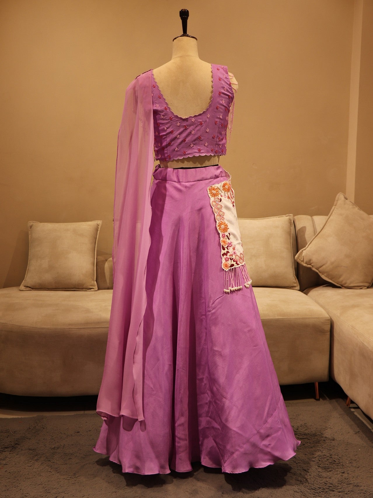 Lavander shaded embroidered drape lehenga set