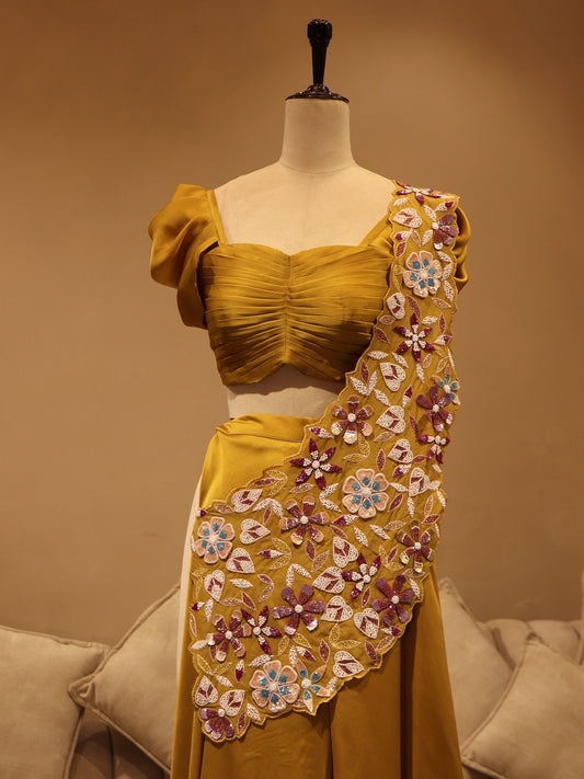 Mustard yellow crop top plazo with drape dupatta