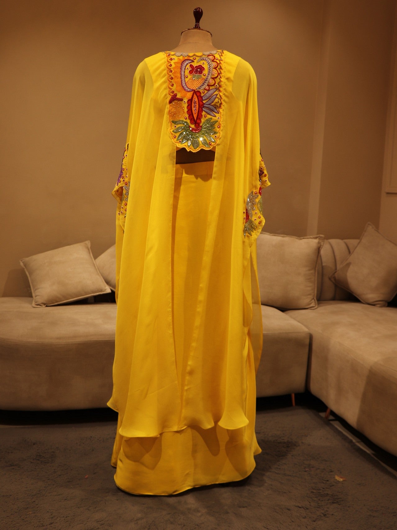 Yellow crop top skirt with cape