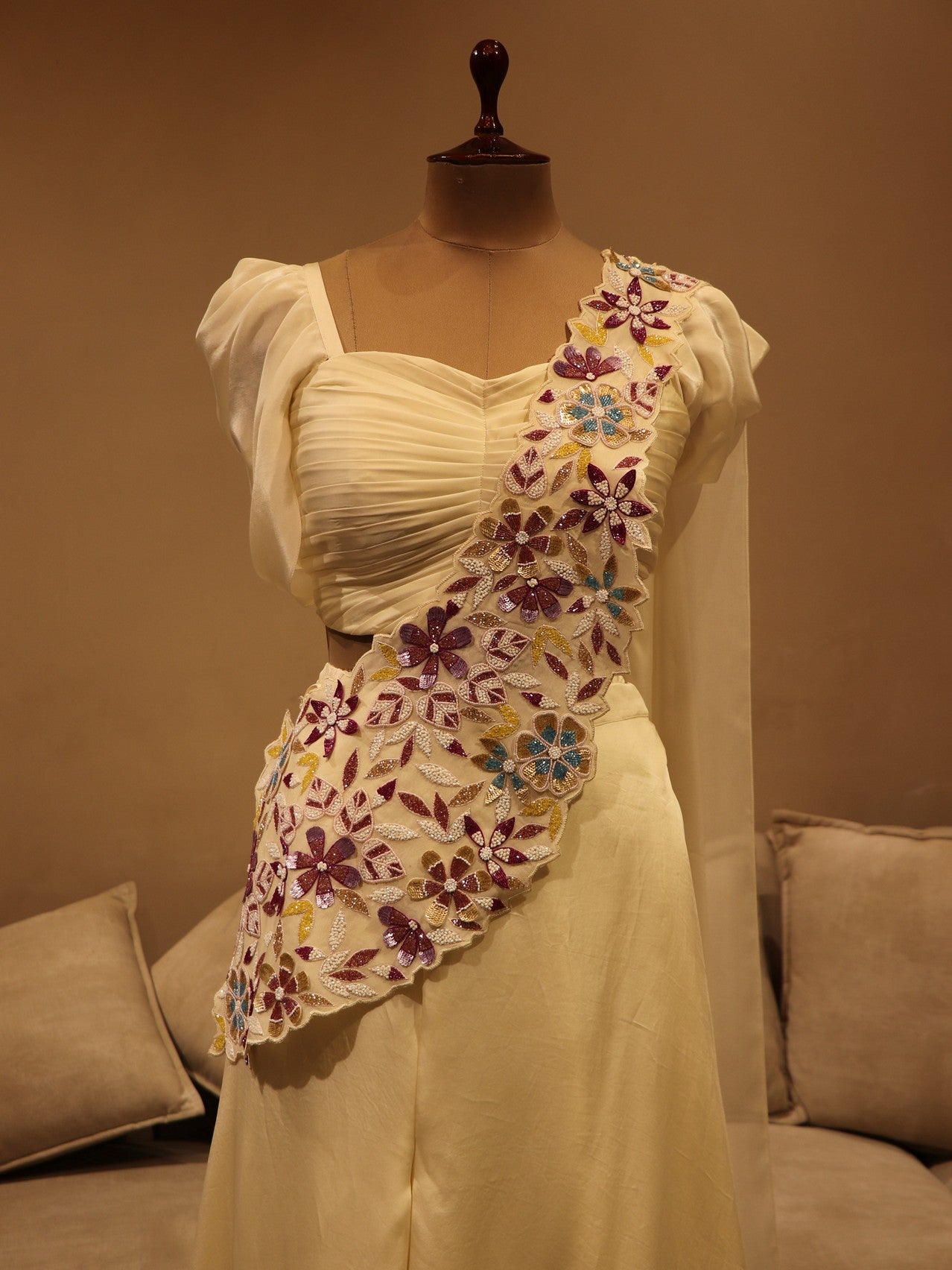 Off white Crop top plazo with drape dupatta