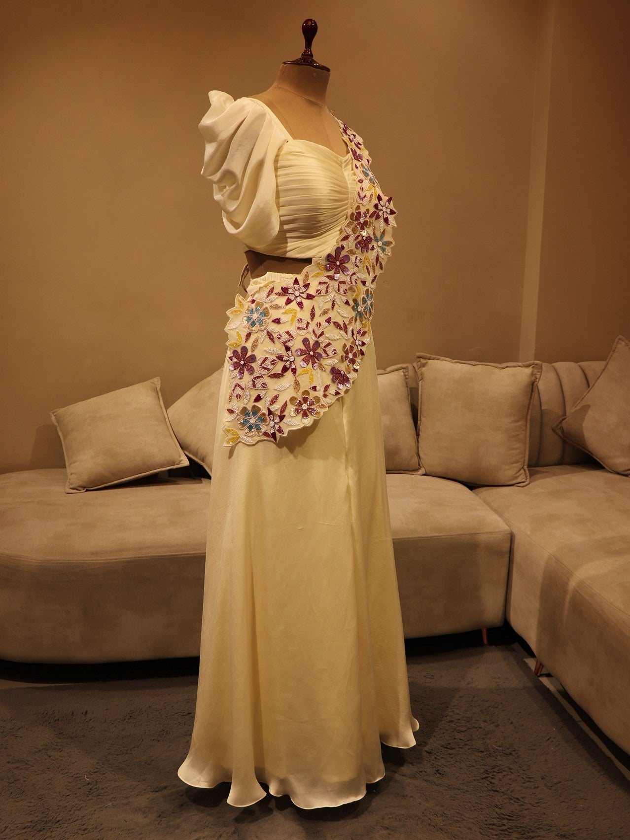 Off white Crop top plazo with drape dupatta