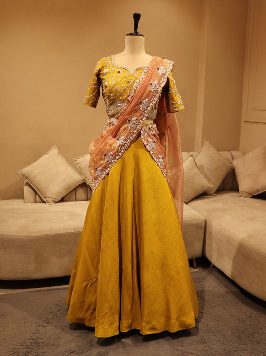 Mustard yellow rust shaded zardosi lehenga set