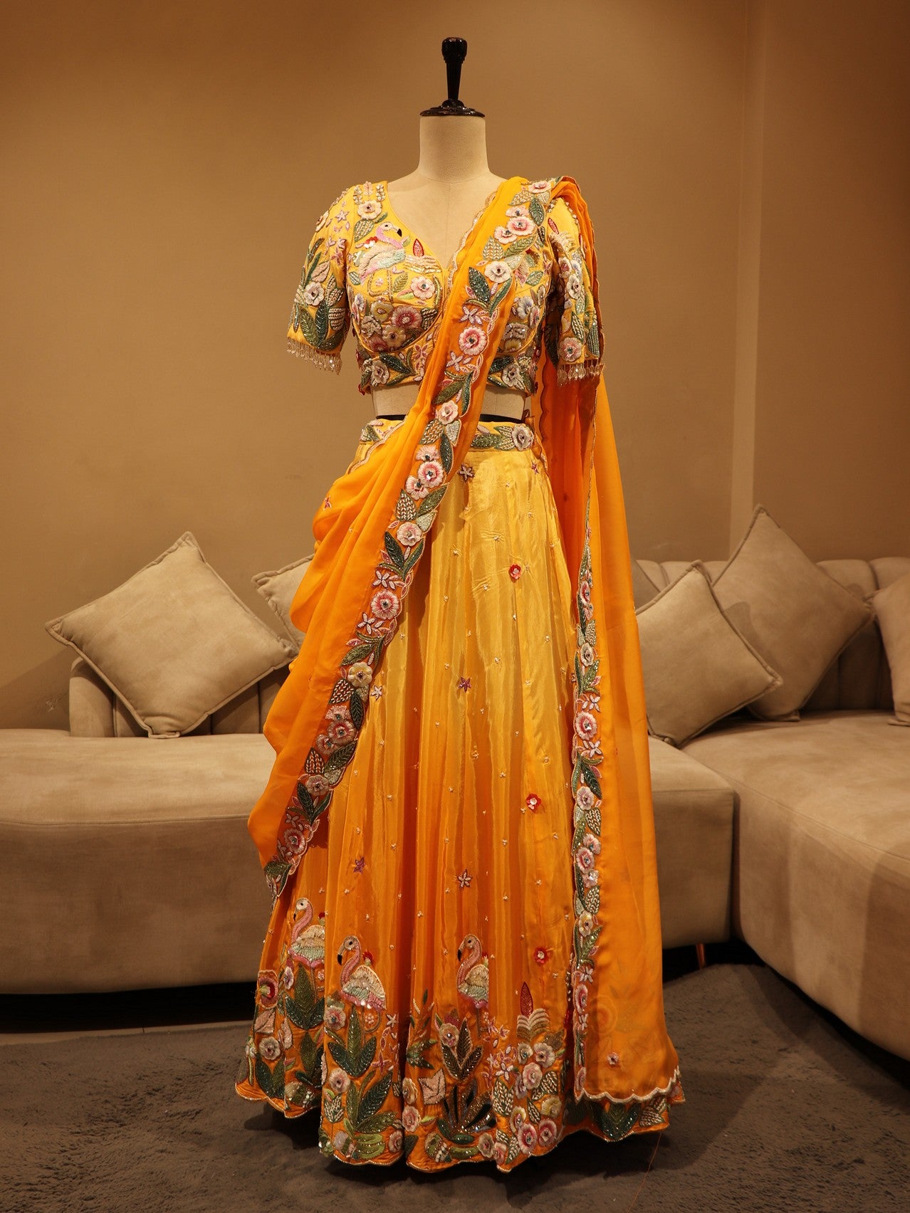 Orange shaded crane lehenga set