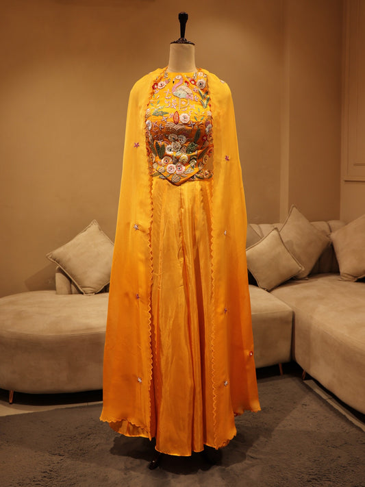 Orange shaded crane crop top skirt cape