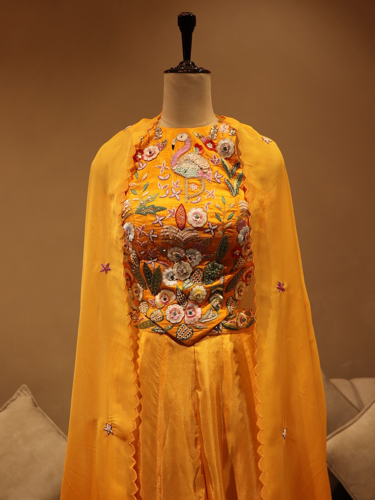 Orange shaded crane crop top skirt cape
