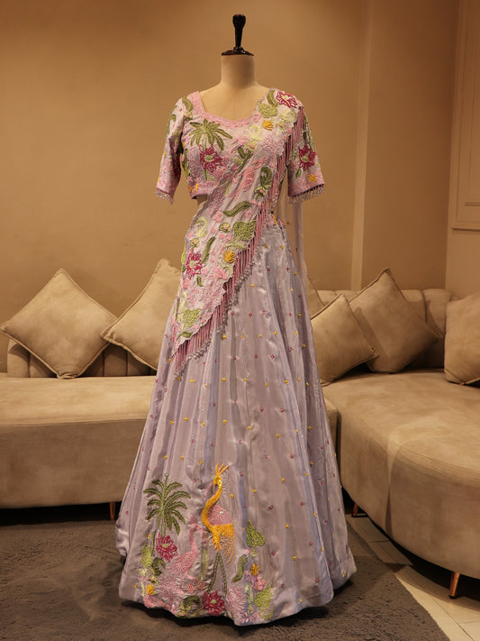 Ice blue crane lehenga set