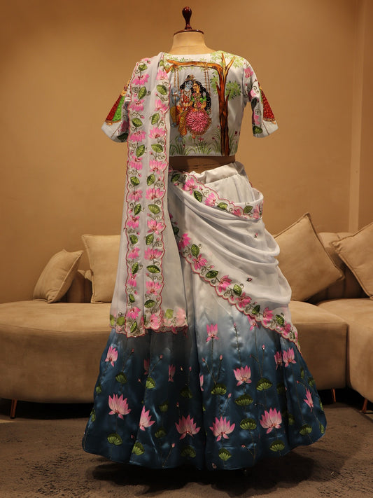blue shaded radha krishna ji pichwai hand painted lehenga set