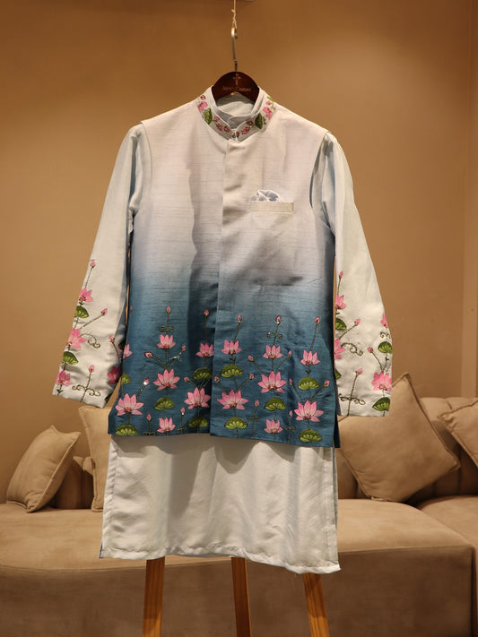 blue shaded pichwai hand painted mens jacket kurta pants