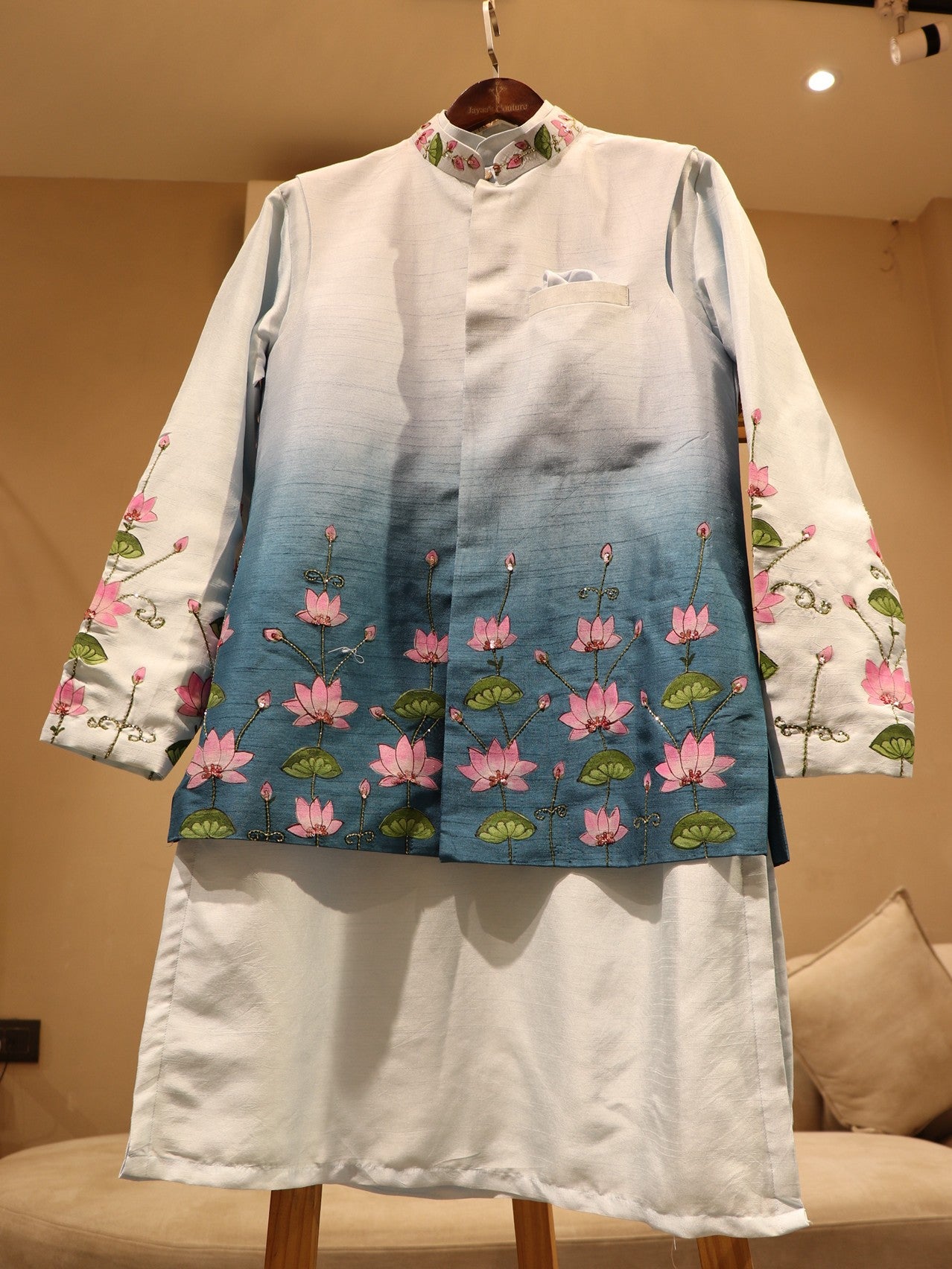 blue shaded pichwai hand painted mens jacket kurta pants