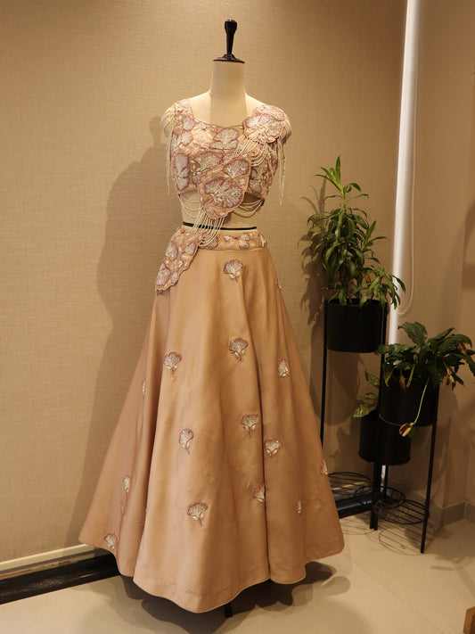 beige 3d flowers drape lehenga set