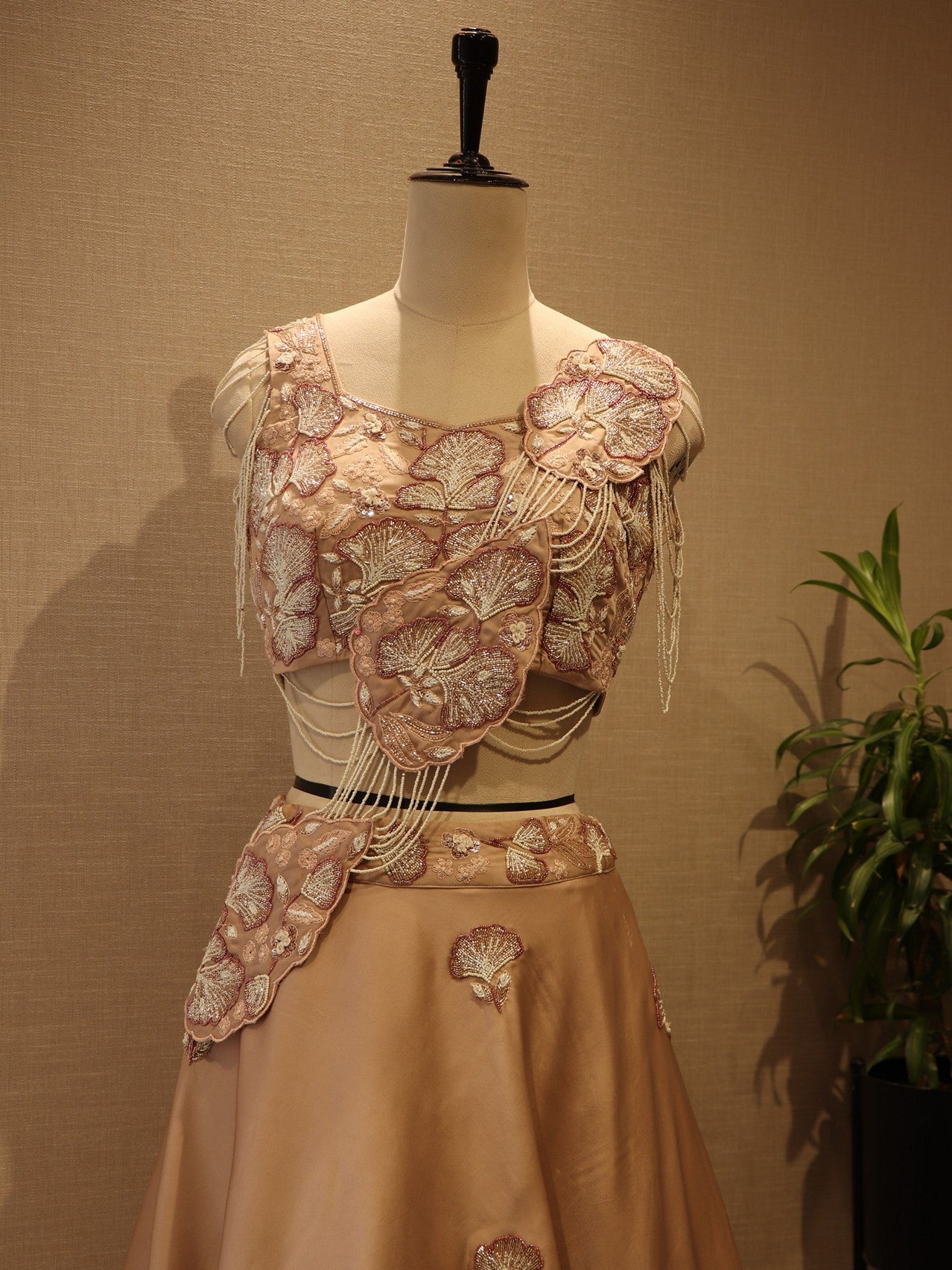 beige 3d flowers drape lehenga set